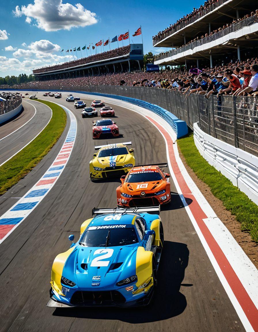A dynamic scene showcasing a thrilling auto racing event with colorful race cars speeding around a curved track. In the foreground, a diverse crowd of racing enthusiasts cheers, holding flags and wearing team merchandise. The background features a vibrant racetrack with grandstands filled with excited spectators. Bright blue skies and fluffy clouds enhance the energy of the moment. The image captures the excitement and sense of community at an auto racing event. super-realistic. vibrant colors.