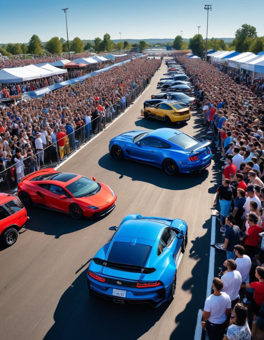 A vibrant scene depicting a lively car meet with sleek, modified vehicles showcasing their unique styles, surrounded by enthusiastic fans and car enthusiasts. In the background, a racetrack is visible with high-performance cars speeding during a track day event, creating a sense of excitement and community. The atmosphere is filled with energy, under a clear blue sky that enhances the vivid colors of the cars. super-realistic. dynamic perspective. vibrant colors.