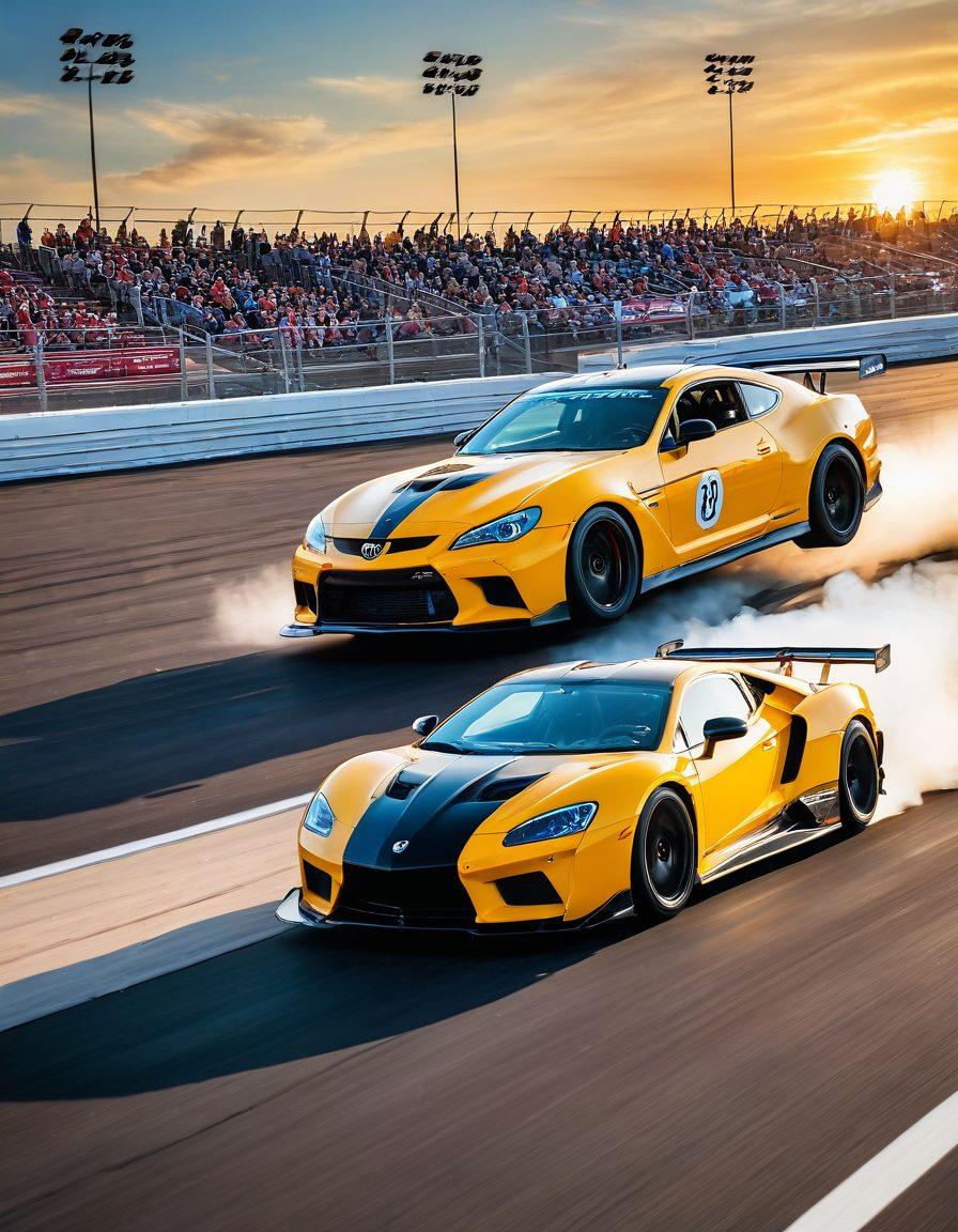 A thrilling scene showcasing high-speed racing at Mid America Motorplex, featuring a variety of sleek cars zooming on the track with tire smoke and cheering crowds in the background. Incorporate elements of the vehicle lifestyle, like stylish automotive gear, pit stops, and vibrant banners. Capture the excitement and adrenaline of motorsport with a sunset horizon. super-realistic. vibrant colors. dynamic composition.